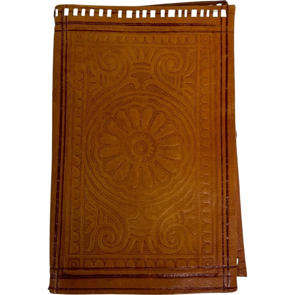 Vintage Hand Tooled Leather Wallet Tan Boho Floral Embossed Whipstitch Good